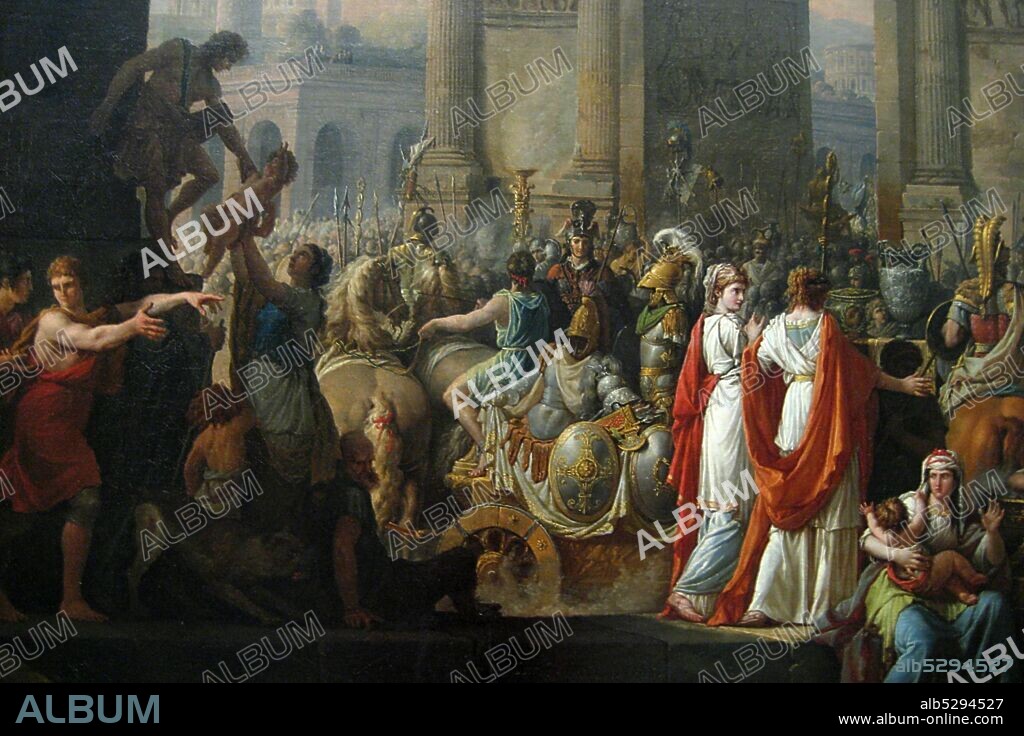 The Triumph of Aemilius Paulus, 1789; procession celebrating the victory of the Roman general Aemilius Paulus over King Perseus of Macedonia in 168 B.C. Aemilius is shown on the gold chariot on the right followed by prisoners, among whom is Perseus with his family. The temple of Jupiter Capitolinus with its hundred steps dominates the background.  Antoine Charles Horace Vernet aka. Carle Vernet (14 August 1758 – 17 November 1836) was a French painter, the youngest child of Claude Joseph Vernet, and the father of Horace Vernet..