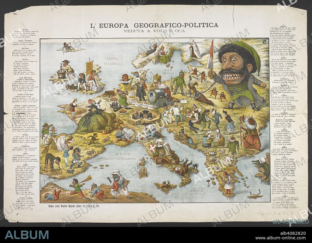 A political comic map of Europe with verse relating to nations.  References to Treaty of Frankfurt, and to relations between Italy and Papacy, suggests a date of 1871. L'Europa geografico-politica veduta a vola d'oca. Bologna : presso Manfredi Manfredo editore Via Venezia N. 1749, [ca. 1871]. 1 map : col ; 38 x 53 cm., on sheet 50 x 70 cm. Source: Maps.cc.5.a.529. Language: Italian.