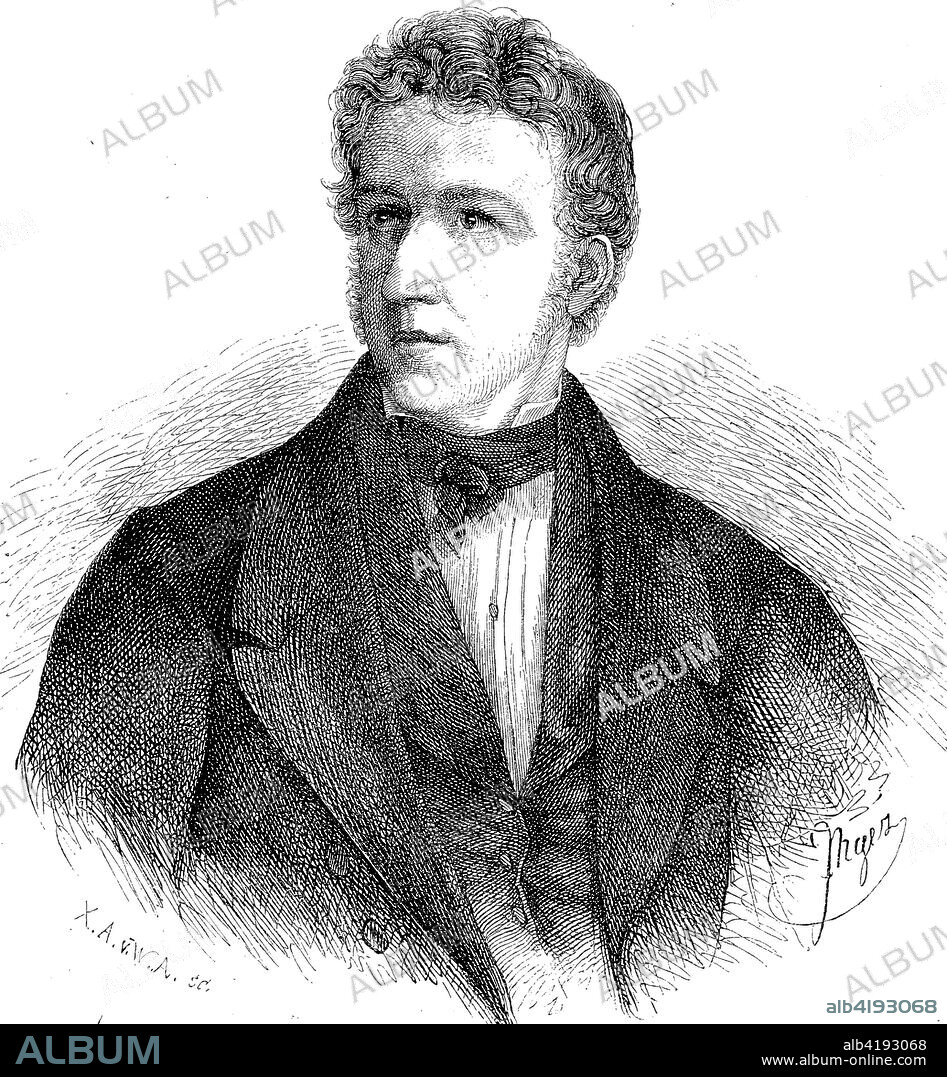 Johannes Scharrer, 1785 - 1844, an entrepreneur and later director of the first railway company in Germany, which used the steam locomotive, the eagle on its line between Nuremberg and Fuerth, digital improved reproduction of a woodcut publication in the year 1885.
