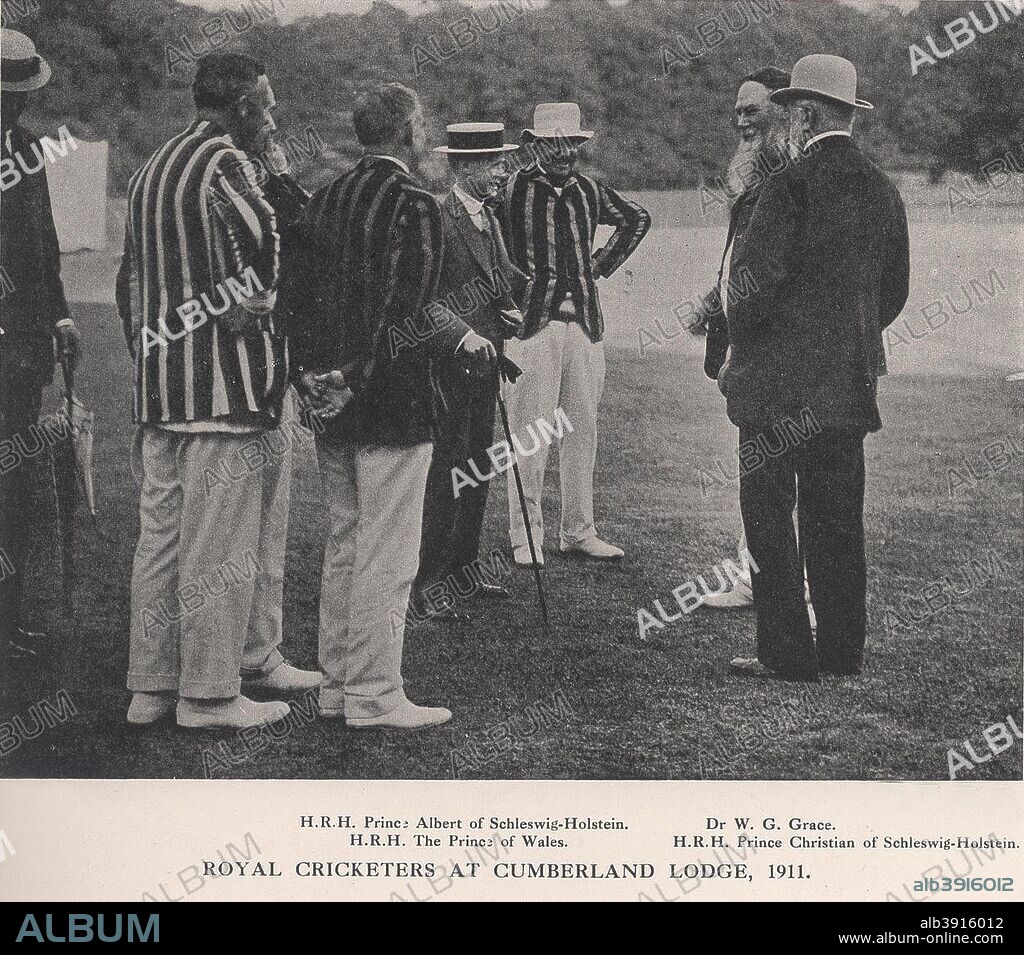 Royal cricketers at Cumberland Lodge, Windsor Great Park, Berkshire, 1911 (1912). Featured are Prince Christian Victor of Schleswig-Holstein, Edward, Prince of Wales, WG Grace and Prince Christian of Schleswig-Holstein. From Imperial Cricket, edited by P F Warner and published by The London and Counties Press Association Ltd (London, 1912).