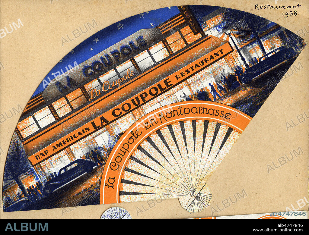 Publicite fantaisie en forme d'eventail de 1938 pour le restaurant La Coupole, a Montparnasse (Paris). Credit : Collection IM/KHARBINE-TAPABOR.