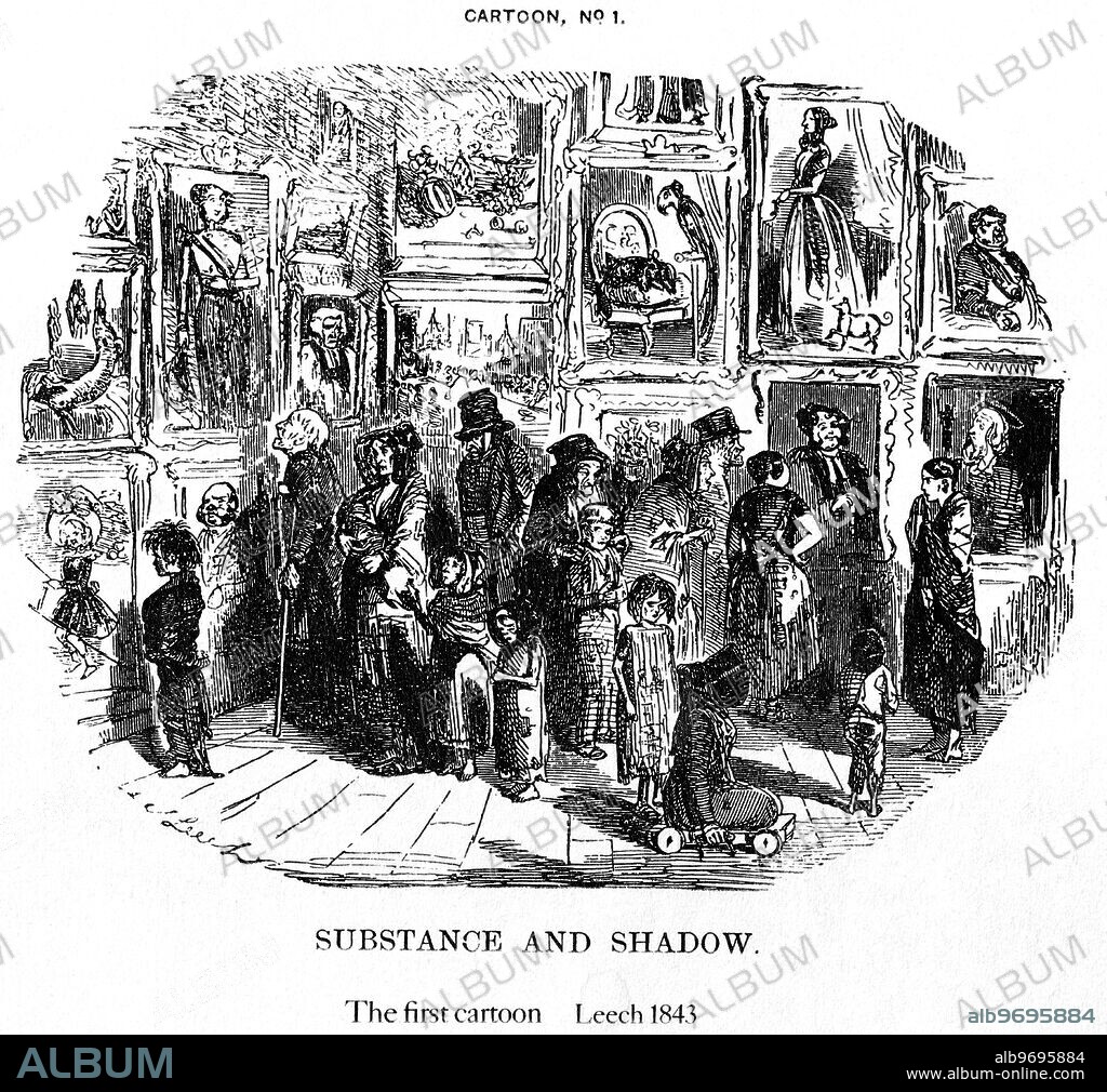 Punch Cartoons - Victoria 1841-1901 . The first cartoon in Punch. Substance and Shadow. Cartoon by John Leech 1843.