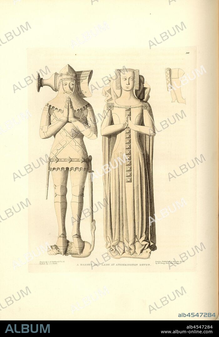 A Basset and Lady at Atherington Devon, Tomb of Sir Arthur?, Basset and his wife Elinora at Atherington Church in Devon, signed: Drawn by C.A. Stothard, etched by C.J. Smith; Published by Mrs. Bray, Fig. 112, 100, after p. 76, Stothard, Charles Alfred (drawn); Smith, C. J. (etched); Bray, E. (publ.), Charles Alfred Stothard, Alfred John Kempe: The monumental effigies of Great Britain: selected from our cathedrals and churches, for the purpose of bringing together, and preserving correct representations of the best historical illustrations extant, from the Norman conquest to the reign of Henry the Eighth: dedicated by permission to the Prince Regent. London: printed by J. M'Creery [...], 1817-1832.