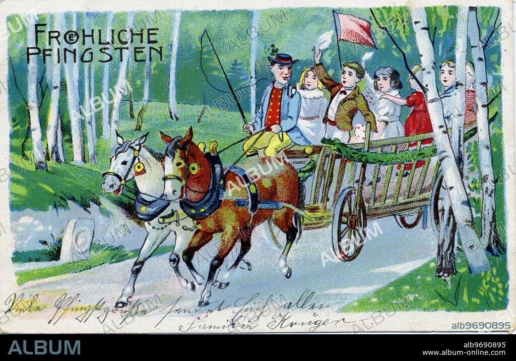 1001337 ( 1000 ) Grußkarte zu Pfingsten aus Deutschland " Fröhliche Pfingsten " , 1908 , christliches Fest am 50. Tag nach Ostern , Erinnerung an die Ausgießung des Heiligen Geistes über die in Jerusalem versammelten Apostel . Stichworte : Deutsches Reich , Postkarte , Froehliche Pfingsten , 1900 , Religion , Christentum , Glaube , Pfingstbrauch , Pfingstbräuche , Pfingstbraeuche , Geschichte , Kunsturheberrechte werden nicht vertreten .. Jede Nutzung ist anzuzeigen und abzurechnen mit " Historisches Auge Ralf Feltz " , Radenwisch 45 , 22457 Hamburg , tel.: 040 - 5592530 , mail : historischesauge@aol.com. Germany , Whitsun , historical Whitsun postcard with the wording " Froeliche Pfingsten " ( Happy Whitsun ) , 1908 , Christian celebration 50 days after Easter . Keywords : greetings card , picture postcard , religion , religious faith , Christianity , history , Whitsun traditions , no copyright of art.