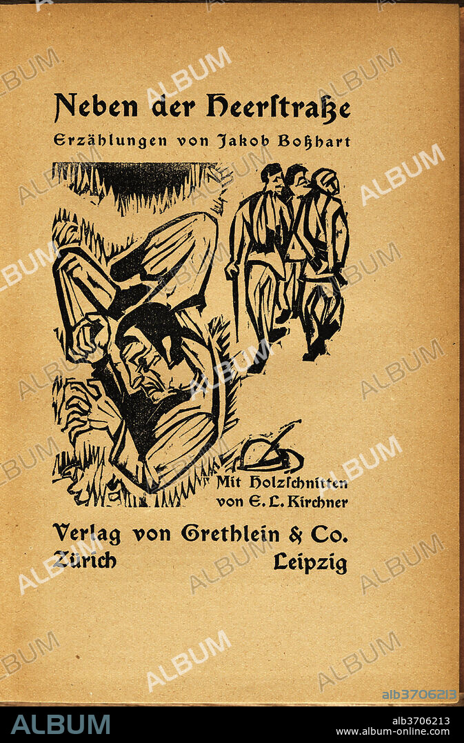 ERNST LUDWIG KIRCHNER AND JACOB BOSSHART (AUTHOR). Jakob Bosshart: Neben der Heerstrasse (Jakob Bosshart: Near Main Street). Dated: 1923. Dimensions: book: 18 × 14.3 × 3.3 cm (7 1/16 × 5 5/8 × 1 5/16 in.). Medium: bound volume with 25 woodcuts and color woodcuts.