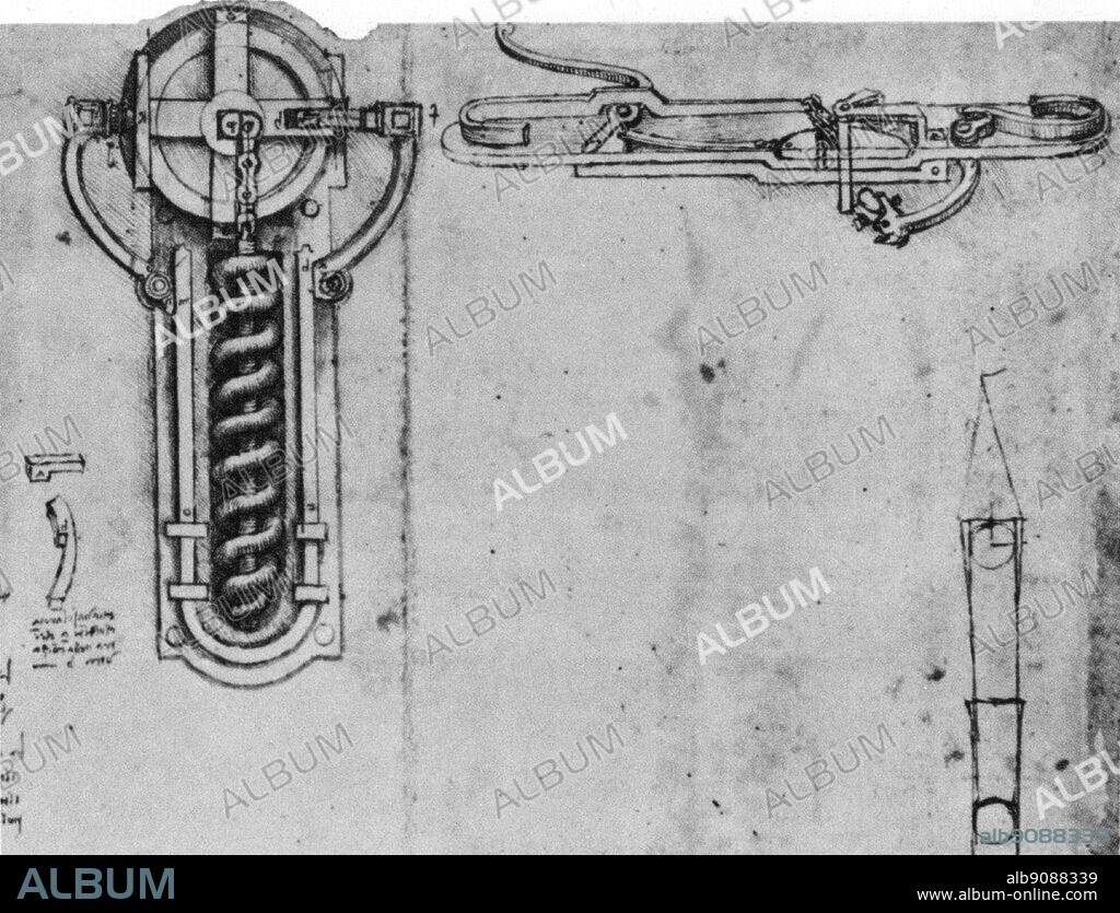 A steel wheel turned with a key winds a spiral spring in Leonardo's wheel-lock mechanism. On the right is a flint-lock. When the spring is released, the flint strikes a metal bar to make a spark. Leonardo da Vinci (1452-1519) was an Italian Renaissance architect, musician, anatomist, inventor, engineer, sculptor, geometer and artist.