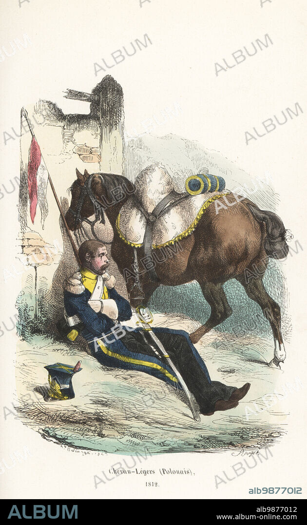 Soldier of the 1st Light Cavalry (Polish) regiment, French Imperial Guard, resting with his horse in a stable. In shako, blue coat and trousers trimmed with yellow, white epaulettes, armed with sabre and lance. Horse in mouton shabrack. Chevau-Legers (Polonais), 1812. Handcoloured woodcut by Francois Rouget after an illustration by Hippolyte Bellangé from P.M. Laurent de lArdeches Histoire de Napoleon, Paris, 1840.