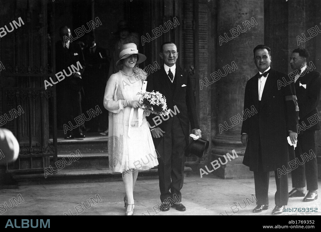 Guglielmo Marconi with Maria Cristina Bezzi-Scali. The day of the wedding, Guglielmo Marconi, Italian physicist, next to his second wife Maria Cristina Bezzi-Scali. Rome, 15th June 1927.