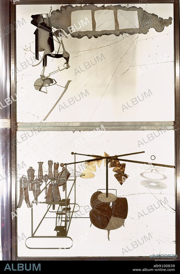 The Bride Stripped Bare by Her Bachelors, Even (The Large Glass) - 1915-23. La Mariée mise à nu par ses célibataires, même. by M. Duchamp. Philadelphia Museum of Art. The Large Glass has been described as a diagram of an ironic love-making machine of extraordinary complexity. The upper part is dominated by the Bride, whose imagined sexual fulfilment or blossoming is represented by a pink cloud. In the lower part, nine dressmakers models, or malic moulds (a pun on male and phallic), symbolise the Bachelors. The two realms communicate only through complex machinery including a series of sieves filled with dust and a chocolate grinder, which filter the Bachelors desire before it is shot upwards at the Bride.. Marcel Duchamp (July 28, 1887 - October 2, 1968) was a French/American artist whose work and ideas had considerable influence on the development of post-World War II Western art, and his advice to modern art collectors helped shape the tastes of the Western art world. His influence continues into the 21st century. Most often associated with the Surrealism movement and occasionally the Dada movement. ARTISTS COPYRIGHT MUST BE CLEARED.