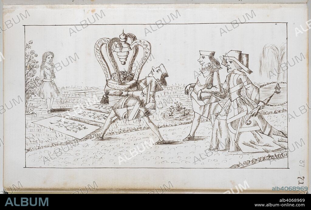 CHARLES LUTWIDGE DODGSON and DODGSON, CHARLES LUTWIDGE, PSEUD. LEWIS CARROLL. Procession of the King and Queen. Alice's Adventures Under Ground [in Wonderland]. England [Oxford]; 1862-1864. [Whole folio] Drawing from Chapter IV: Alice in the garden, watches the royal procession, with the Knave of Hearts carrying the king's crown on a cushion, followed by the King and Queen of Hearts  Image taken from Alice's Adventures Under Ground [in Wonderland].  Originally published/produced in England [Oxford]; 1862-1864. . Source: Add. 46700, f.37. Language: English.