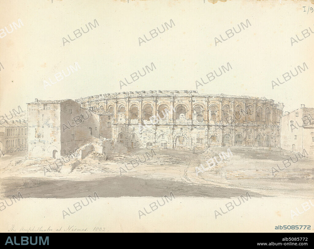 The Amphitheatre at Nîmes, Sir Robert Smirke the younger, 17811867, British, 1803, Watercolor and graphite on moderately thick, moderately textured, beige, wove paper, Sheet: 8 1/4 × 11 1/4 inches (21 × 28.6 cm).