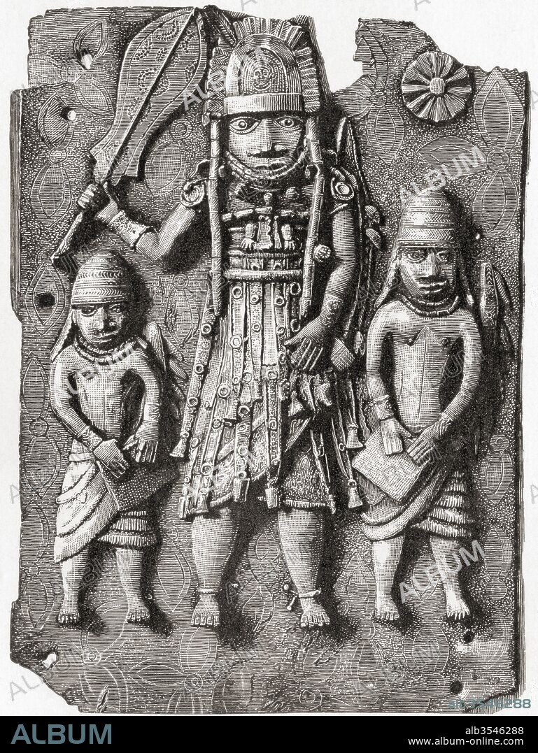 One of the Benin Bronze plaques which originally decorated the royal palace of the Benin Kingdom in modern-day Nigeria. From Meyers Lexicon, published 1924.