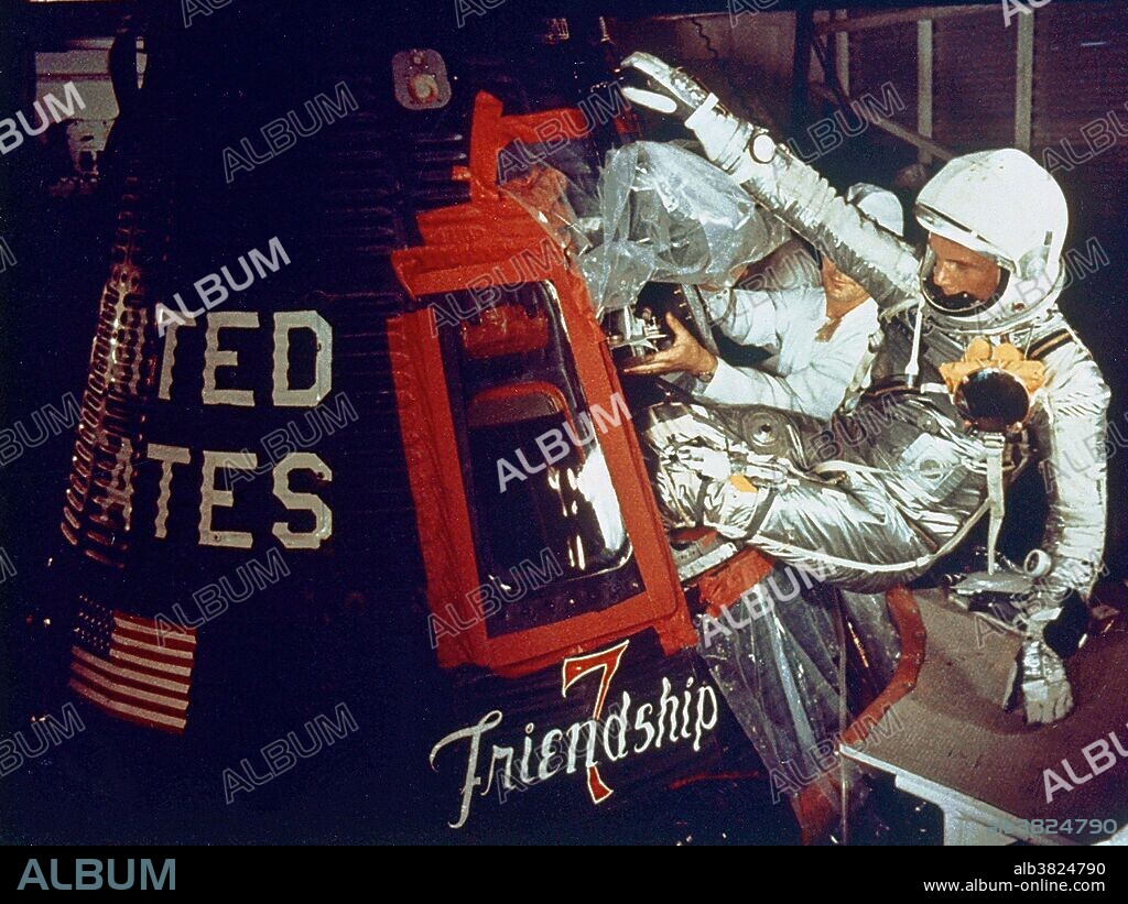 Astronaut Glenn enters his Friendship 7 capsule with assistance from technicians to begin his historic flight. Mercury-Atlas 6 (MA-6) was the third human spaceflight for the US and part of Project Mercury. Conducted by NASA on February 20, 1962, the mission was piloted by astronaut John Glenn, who performed three orbits of the Earth, making him the first US astronaut to orbit the Earth. The Mercury spacecraft, named Friendship 7, was carried to orbit by an Atlas LV-3B launch vehicle lifting off from Launch Complex 14 at Cape Canaveral, Florida. After four hours and 56 minutes in flight the spacecraft re-entered the Earth's atmosphere, splashed down in the Atlantic Ocean and was safely taken aboard the USS Noa.