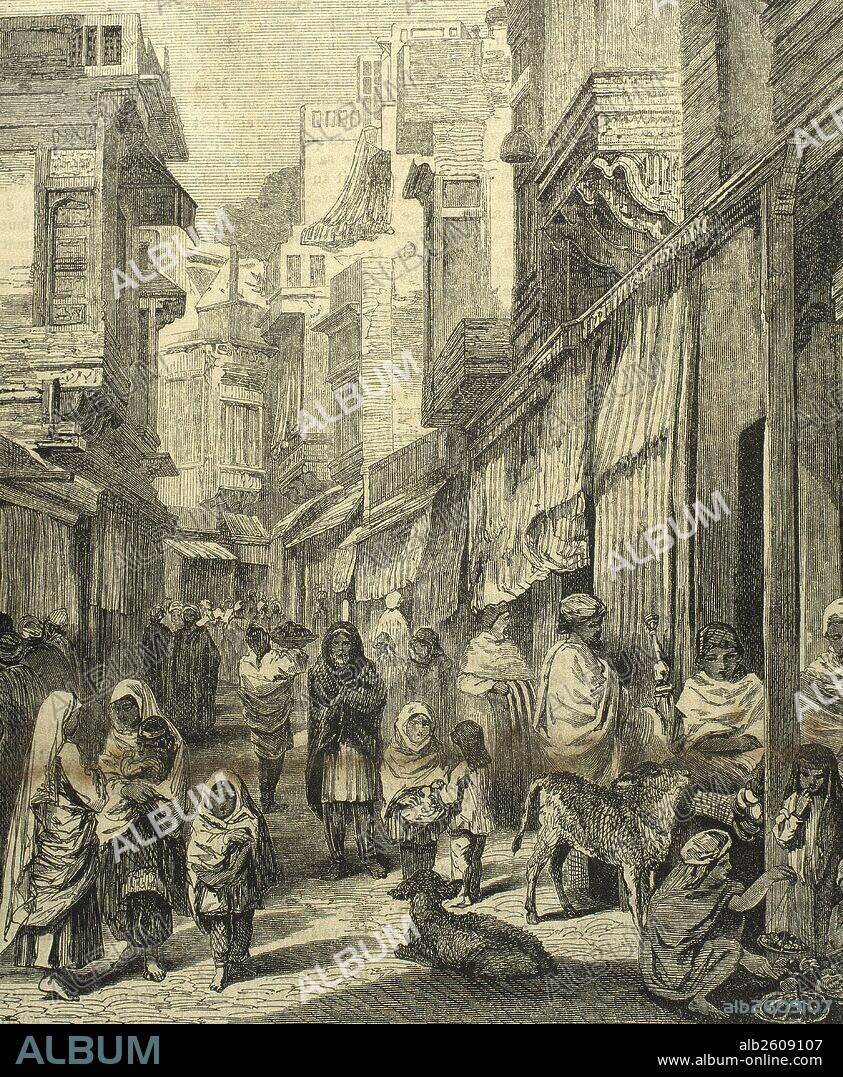 HISTORIA DE LA INDIA. SIGLO XIX. BENARES. Vista de una calle de la ciudad. Grabado del siglo XIX.
