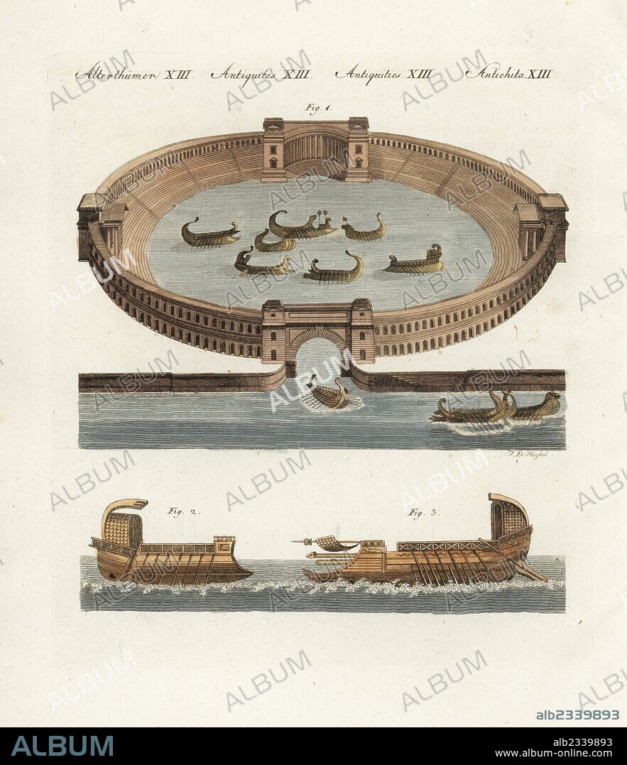 Ancient Roman naumachia with reenactment of famous sea battle in an ampitheatre between naval fleets of condemned prisoners 1. Galley with single row of oars 2, and bireme warship with two rows of oars 3. Handcoloured copperplate engraving by J.B. Hoessel from Friedrich Johann Bertuch's Bilderbuch fur Kinder (Picture Book for Children), Weimar, 1802.