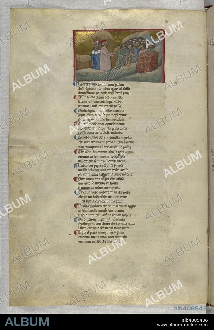 Purgatorio: Dante talking to the indolent including the Florentine, Belacqua. Dante Alighieri, Divina Commedia ( The Divine Comedy ), with a commentary in Latin. 1st half of the 14th century. Source: Egerton 943, f.69v. Language: Italian, Latin.