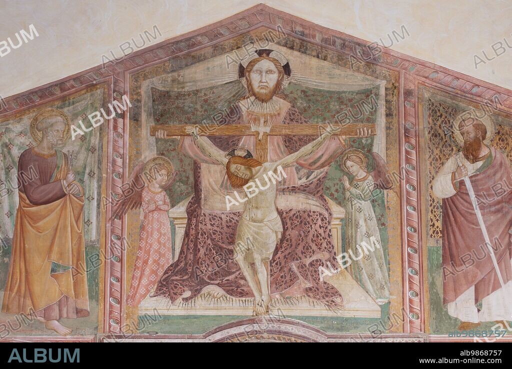 Falconara Marittima, Castelferretti locality (Italy, Marche - province of Ancona), church of Santa Maria della Misericordia. Back wall, Trinity, St. Peter and St. Paul, frescoes mid-15th century (1450-55), Master of Castelferretti (Giambono di Corrado da Ragusa?).