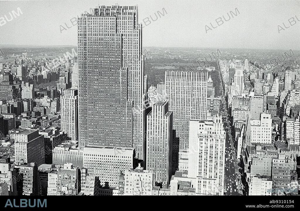 Cityscape featuring 30 Rockefeller Plaza Building (formerly RCA Building), New York City, New York, USA, Angelo Rizzuto, Anthony Angel Collection, November 1952.