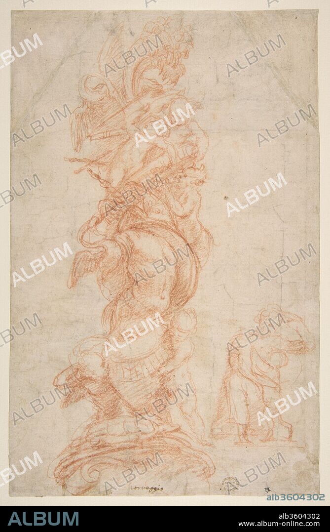 Design for the Decoration of a Pilaster (recto); Putti with Trophies and Seated Figure with Child (verso). Artist: Attributed to Giovanni Antonio da Pordenone (Giovanni Antonio de Sacchis) (Italian, Pordenone 1483?-1539 Ferrara). Dimensions: 12 13/16 x 8 3/16in. (32.5 x 20.8cm). Date: ca. 1529.