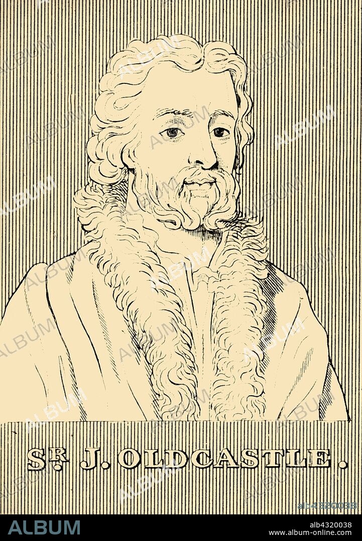 'Sir J. Oldcastle',  (c1360-1417), 1830. Sir John Oldcastle (died 1417)  English Lollard leader and friend of Henry V, escaped prosecution for heresy from the Tower of London and led a rebellion against the King. Eventually, captured and executed. William Shakespeare based the character of John Falstaff on him.   From "Biographical Illustrations", by Alfred Howard. [Thomas Tegg, R. Griffin and Co., J. Cumming, London, Glasgow and Dublin, 1830].