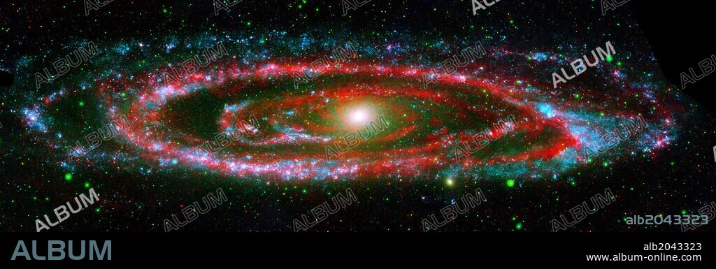 the Andromeda galaxy in a composite image from NASA's Galaxy Evolution Explorer and the Spitzer Space Telescope. Spitzer's super-sensitive infrared eyes show Andromeda's relatively 'cool' side,.