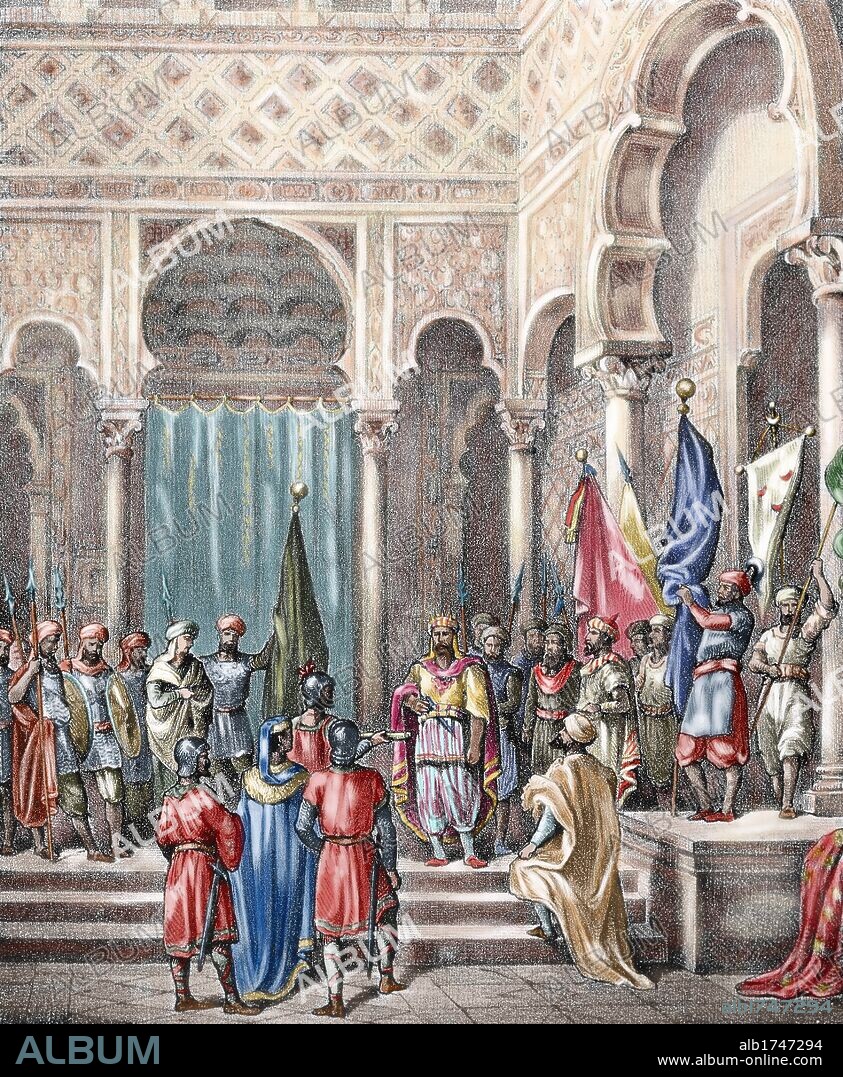 Abd ar-Rahman II ,(788-852).  Umayyad Emir of Cordoba in the Al-Andalus (Moorish Iberia) from 822 until his death.  Abd ar-Rahman II receives the Basque ambassadors. Spain. Colored engraving.