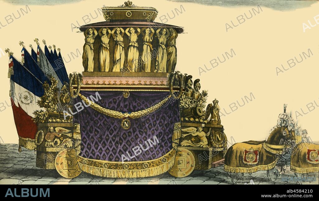 Napoleon's funeral carriage, 1840, (1921). 'Char Funèbre De Napoléon'. The retour des cendres ('return of the ashes') was the return of the mortal remains of Napoleon I of France from the island of St Helena, where he had died in exile, to France, and their burial in the Hôtel des Invalides in Paris in 1840. Engraving published by l'Imagerie d'Épinal. From "Napoleon", by Raymond Guyot, [H. Floury, Paris, 1921].
