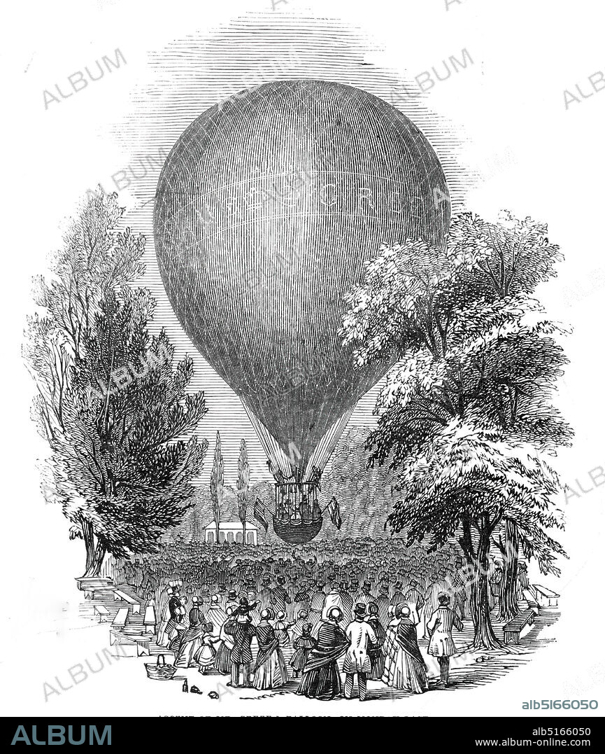 Ascent of Mr Green's Balloon, 1845. 'On Monday evening, Mr. [Charles] Green made a very beautiful ascent in his monster Nassau Balloon, from the grounds of Cremorne House, Chelsea [in London], which were crowded with company to witness the spectacle. There was on the occasion of this ascent some novelty to attract the spectators and to amuse them. In addition to Mr. Green...there was amongst the "intrepid aeronauts" the celebrated Mr. Thomas Matthews, the Clown of Drury Lane Theatre, who immediately before the ascent favoured his companions in the car, and the thousands of persons who surrounded it, with the favourite ballad of "Hot Codlins". Mr. Matthews was equipped in full theatrical costume; the rest of the party in clothes more appropriate for an aerial trip'. From "Illustrated London News", 1845, Vol VII.