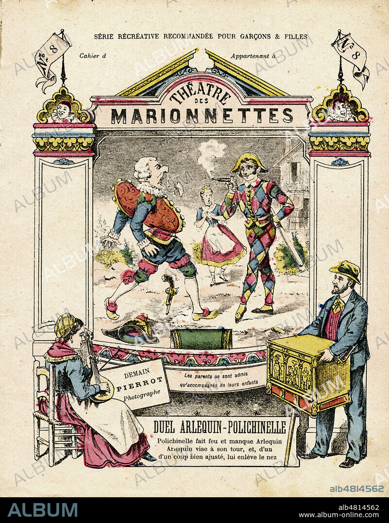 'Duel Arlequin - Polichinelle'. Arlequin tire sur Polichinelle, son nez se casse. Protege-cahier vers 1900, serie intitulee 'Theatre de marionnettes'. Credit : IM/KHARBINE-TAPABOR.