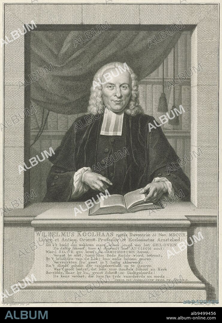 Half-length portrait of Willem Coolhaes at age 51 in a window with a Bible in front of him on the windowsill Behind him a curtain and a bookcase Beneath the portrait his name and details in two lines in Latin and below that a ten-line verse in Dutch, Portrait of Willem Coolhaes Wilhelmus Koolhaas , print maker: Jacob Houbraken, (mentioned on object), after: Jan Maurits Quinkhard, (mentioned on object), Theodorus van Schelluynen, (mentioned on object), Amsterdam, 1761, paper, engraving, etching, h 349 mm × w 258 mm.