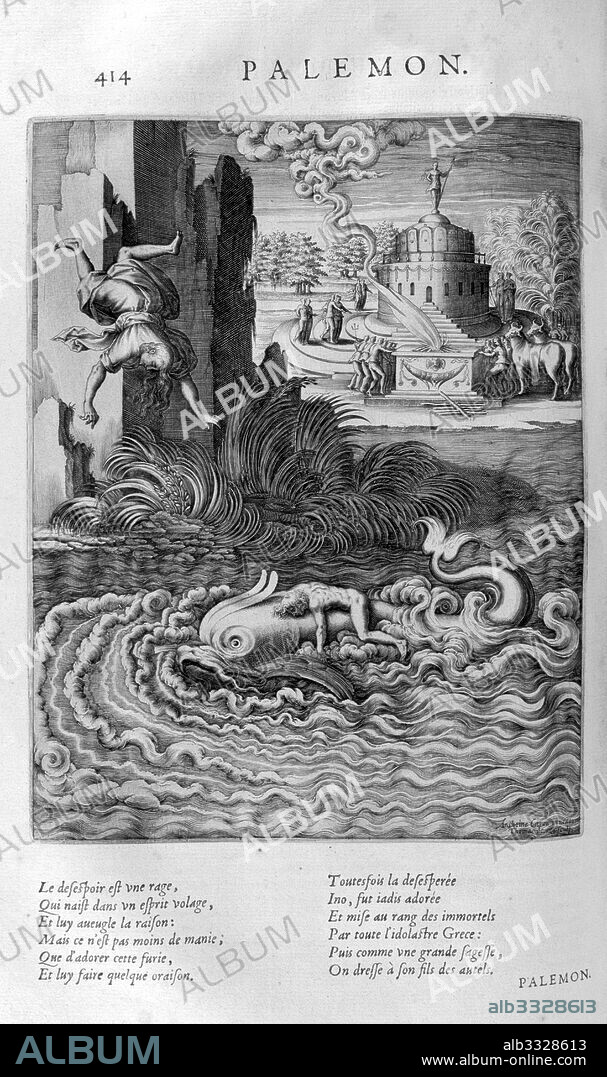 Ino throws herself and Melicertes into the sea. A plate from Les Images Ou Tableaux De Platte Peinture Des Deux Philostrates Sophistes Grecs, by Blaise de Vigenare, Paris, 1615. Engraving circa 1615, by Leonard Gaultier.