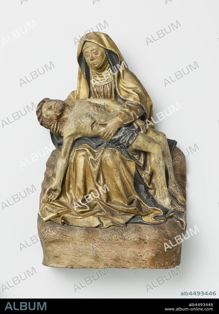 Pietà, Maria leans slightly to the left over the body of Christ, which lies on her lap. Her right hand supports his head and neck, her left arm is over his waist and holds him. Christ's right arm hangs down, the dead Christ in Mary's lap, anonymous, Utrecht, c. 1450 - c. 1470, pipe clay, h 42.3 cm × w 27.6 cm × d 11.2 cm.
