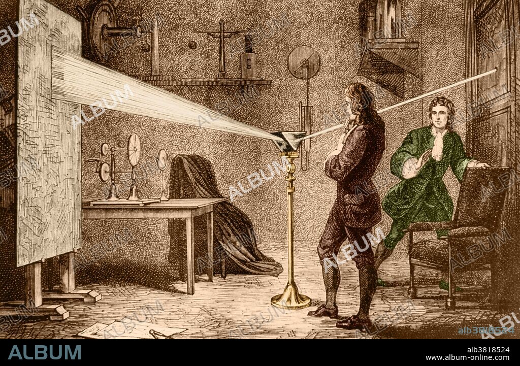 Isaac Newton. Engraving of Sir Isaac Newton (1642-1727), English physicist, performing an optics experiment with a prism. Newton (at center) passed a ray of light through a prism in a dark room onto a screen. The white light was refracted (bent) but different parts of it were refracted to a different extent. This meant that the screen was illuminated by bands of consecutive colors of the spectrum; these are red, orange, yellow, green, blue, indigo and violet. This experiment was performed in 1666, a productive year for Newton's research as his students at Cambridge University had been sent home due to fears of plague. He published his results in Opticks (1704).
