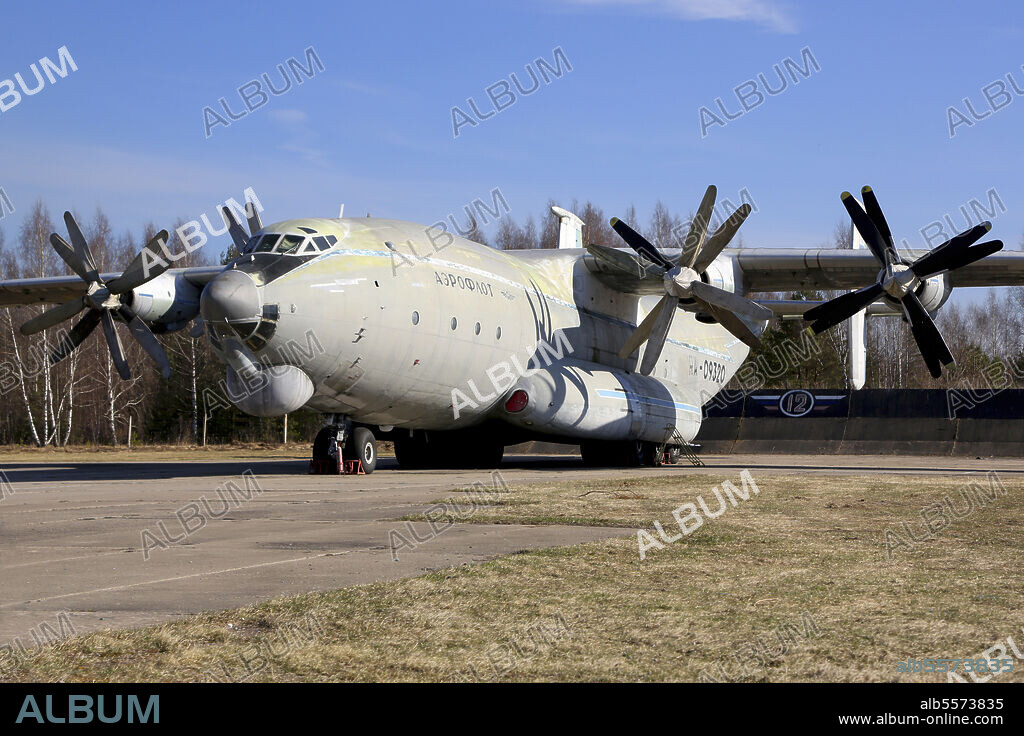 Antonov An-22 Antei military transport aircraft of the Russian Air Force at parking stand.