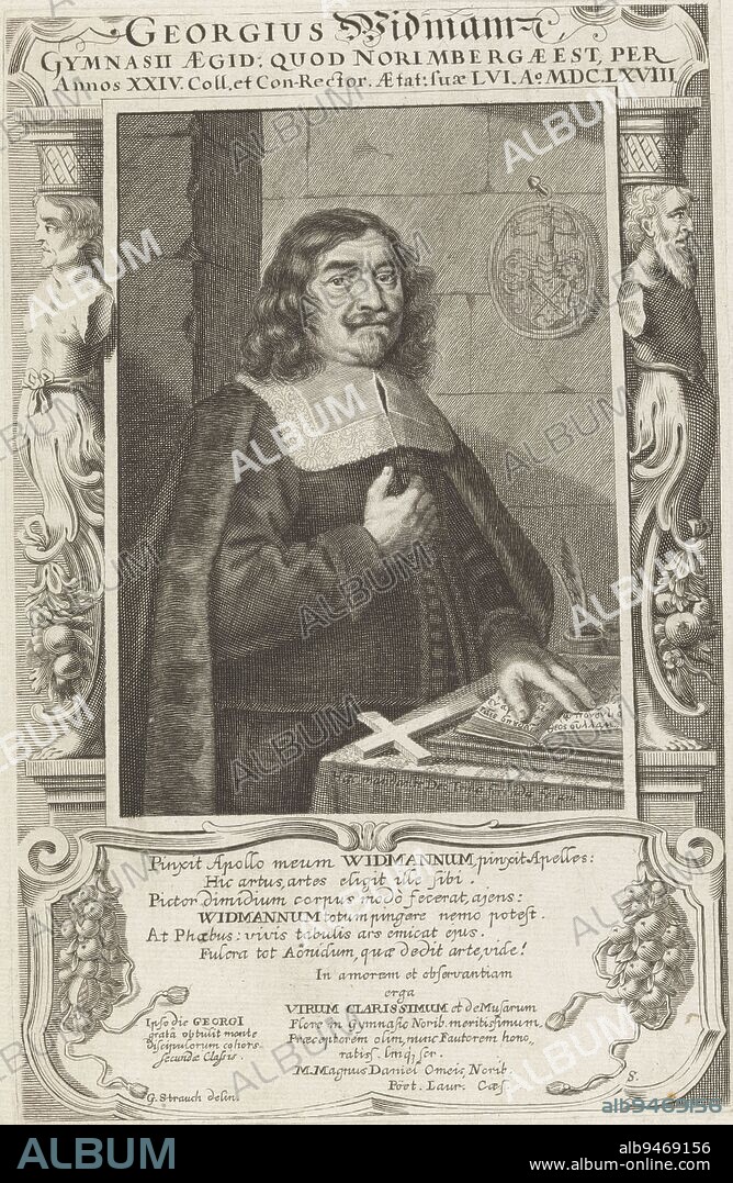 Portrait of Georg Widmann, Jakob von Sandrart (possibly), after Georg Strauch, 1668 - 1720, print maker: Jakob von Sandrart, (possibly), print maker: Johann Alexander Böner, intermediary draughtsman: Georg Strauch, (mentioned on object), 1668 - 1720, paper, engraving, h 238 mm × w 154 mm.