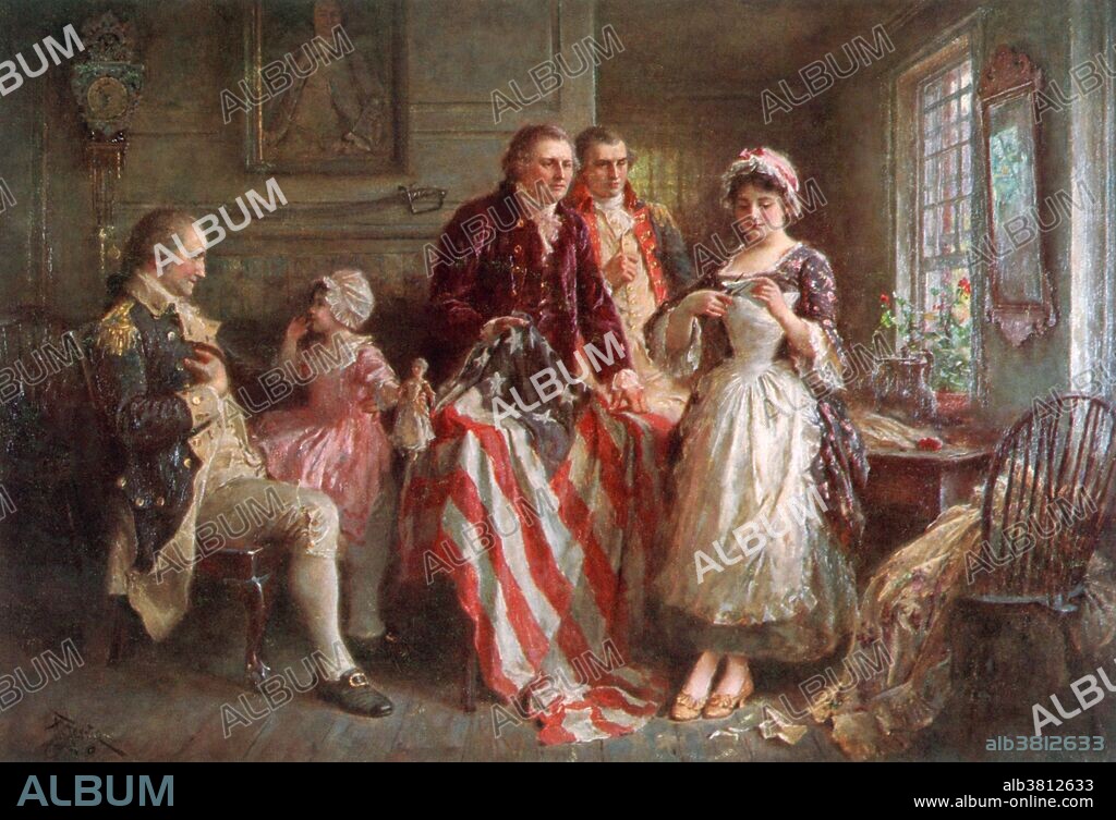 Painting of Betsy Ross by Jean Leon Jerome Ferris. Betsy Ross (January 1, 1752 - January 30, 1836), born Elizabeth Griscom) is widely credited with making the first American flag. There is, however, no credible historical evidence that the story is true. When the American Revolutionary War broke out her husband, John Ross, was a member of the local militia who was assigned to guard munitions and was killed by a gunpowder explosion. The 24 year old Betsy worked in the upholstery business repairing uniforms and making tents and blankets and stuffed paper tube cartridges with musket balls in 1779 for the Continental Army. Research conducted by the National Museum of American History notes that the story of Betsy Ross making the first American flag for General George Washington entered into American consciousness about the time of the 1876 centennial celebrations. Historians conclude that she was one of several flag makers and her main contribution to the design was to change the 6-pointed stars to the easier 5-pointed stars. She died in 1836 at the age of 84.
