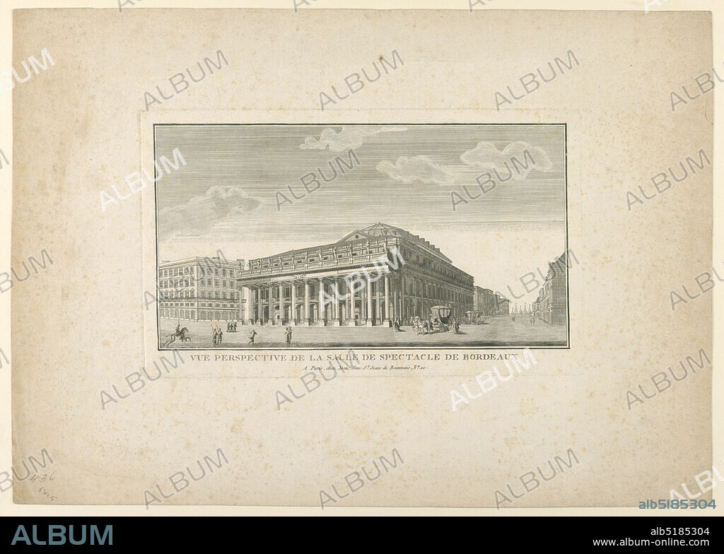 Le Salle de Spectacle, Bordeaux, Engraving on paper, Horizontal rectangle. Oblique view from the left corner of the front side. The street flanking this side is shown. Masts of ships are at its end. A corner hosue is shown at left. Soldiers, walkers, carriages are on the streets. Caption: 'VUE PERSPECTIVE DE LA SALLE DE SPECTACLE DE BORDEAUX / A Paris, chez Jean, Rue St. Jean de Beauvais, No. 10'., Europe and USA, France, 17801790, theater, Print, Print.