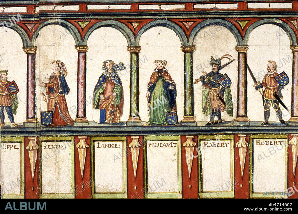 Portrait de PHILIPPE de Rouvre (1346- ) JEANNE, JEANNE, MAHAUT d'Artois, ROBERT II d'Artois et ROBERT III d'Artois. Aquarelle 'Les joyeuses entrees' peintent sur des toiles et des cartons pour la decoration d'Arras en 1600 representant l'entree solennelle de l'archiduc ALBERT et l'archiduchesse ISABELLE dans la ville. Credit: Cheuva / KHARBINE-TAPABOR.