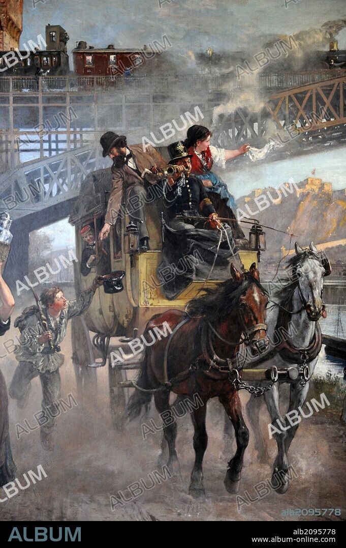 ARTE S. XIX. ALEMANIA. Paul Friedrich Meyerheim (1842 1915). Pintor alemán. "El puente ferroviario sobre el Rin en Ehrenbreitstein", 1875, Original. En esta imagen se muestra la reunión de los sistemas de transporte antiguos: El carruaje, el barco y en el fondo el tren Deutsches Technikmuseum. Berlin. Alemania.
