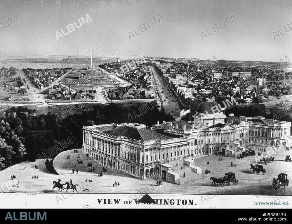 F. SACHSE. Washington, D.C. (USA), Kapitol - Capitol (Kongreßgebäude, Mittelbau 1793-1812 von William Thornton; Wiederherstellung 1814-24 durch B.H.Latrobe u. Ch. Bulfinch; Kuppel u. Seitenflügel 1851-65 durch Thomas Walter). Ansicht des Gebäudes mit Blick auf die Stadt. Farblithographie, 1859, von F.Sachse.