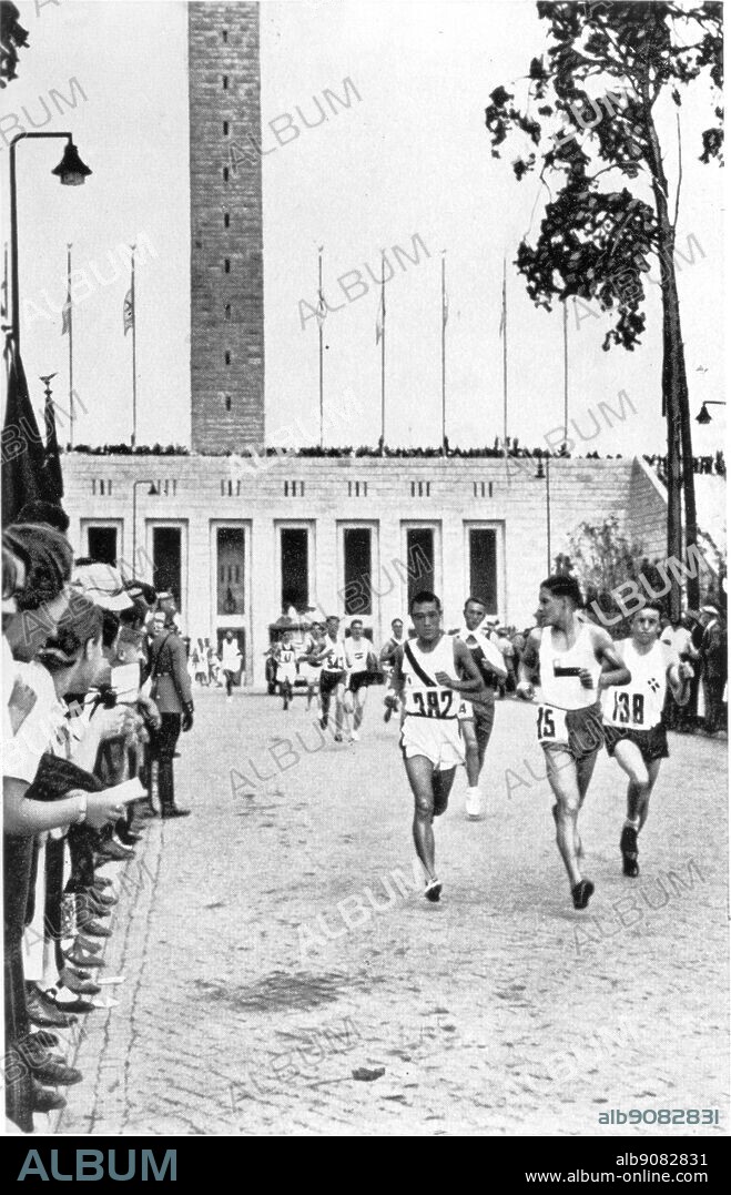 Marathon Olympic Games Berlin 1936. Showing Kitei Son (Sohn Kee-chung)(no. 382) who became the first medal-winning Korean Olympian when he won 1936 Berlin Olympics Marathon as a member of the Japanese delegation.