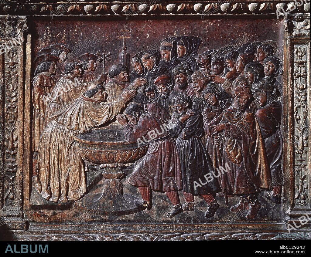 FELIPE BIGARNY (1475/1543). BAJORRELIEVE - BAUTIZO DE LOS MORISCOS DESPUES DE LA RENDICION DE GRANADA- RETABLO MAYOR DE LA CAPILLA REAL DE LA CATEDRAL DE GRANADA - SIGLO XVI.