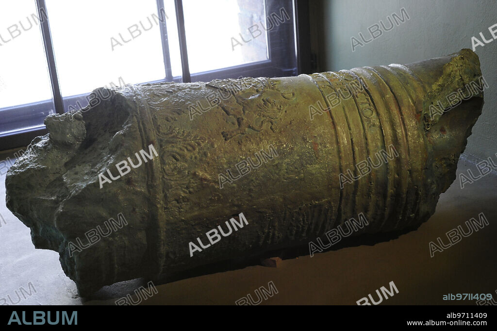 Fragment of a 24 mm Swedish Army bronze cannon. Sweden, 1616. Damaged during the siege of Riga by the Swedish army in 1621. Latvian War Museum. Riga. Latvia.