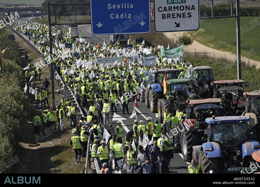 Carmona (Sevilla), 25/02/2020. Manifestación de agricultores y tractorada en la autovía A-4. Foto: Juan Flores. ARCHSEV.