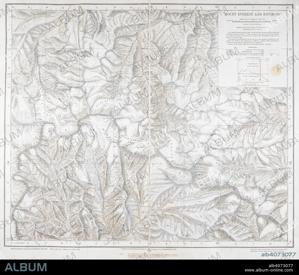 A map of Mount Everest and its environs. Mount Everest and Environs. Scale, 1 inch to 2 miles, etc. Dehra Dun : Survey of India, 1930. Source: Maps 46848.(5.). Language: English.