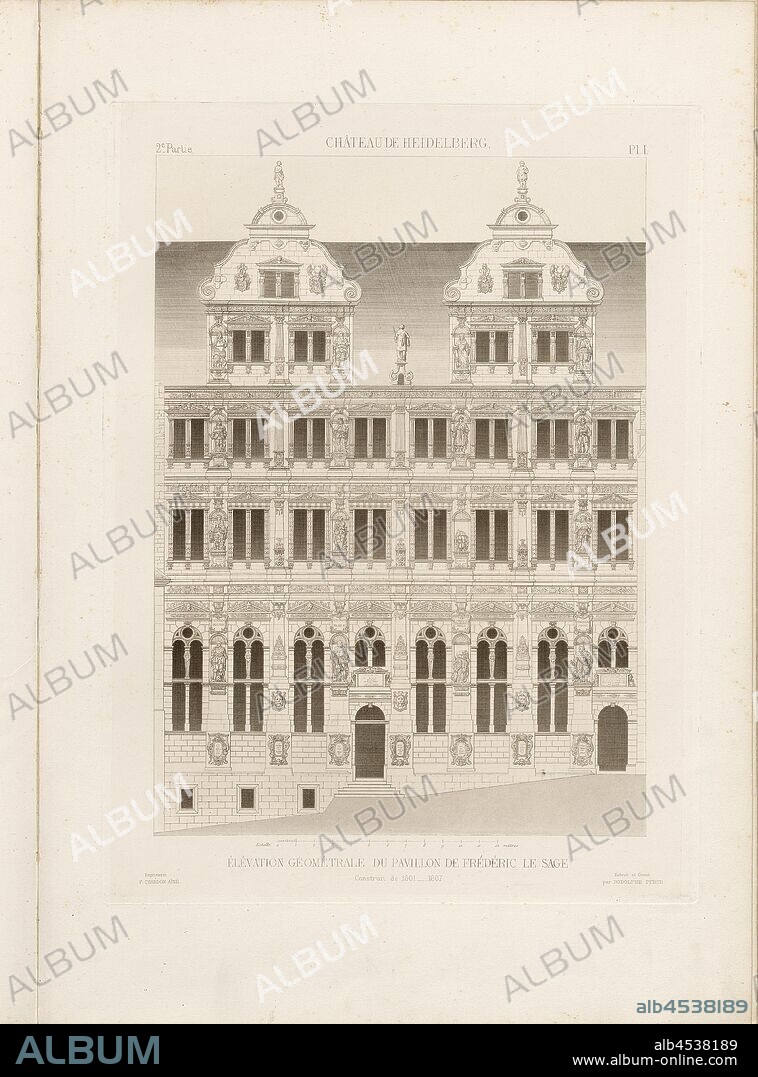 Heidelberg Castle, geometric elevation of Frederick the Wise's pavilion, Elevation of the Friedrichsbau from Heidelberg Castle, built between 1601 and 1607, signed: Relevé et Gravé par Rodolphe Pfnor; Imprimé F. Chardon aîné, Fig. 15, 2nd lot, Pl. I, after p. 16, Pfnor, Rodolphe (relevé et gravé); Chardon, F. aîné (imprimé), Rodolphe Pfnor, Daniel Ramée: Monographie du Château de Heidelberg. Paris: A. Morel et Cie, Editeurs, 1859.