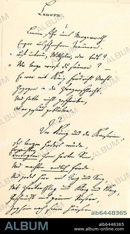 Bürger, Gottfried August Dichter; 1747-1794. Werke: Lenore (Ballade, 1773 oder 1774).-Die beiden ersten Strophen in Bürgers Handschrift (die Ballade wurde zum ersten Mal im Göttinger Musenalmanach des Jahres 1774 gedruckt).-.