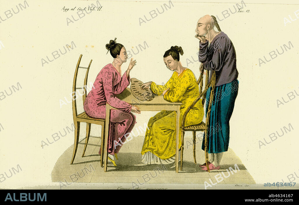 Two Chinese women playing the game of congkak or tchonka, Timor, 19th century. A Chinese man with pigtail watches. Handcoloured copperplate engraving by Corsi from Giulio Ferrario's Costumes Ancient and Modern of the Peoples of the World, Florence, 1834.