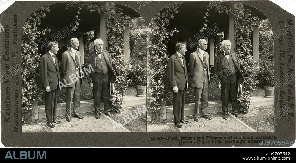 Harvey Firestone, Henry Ford & Thomas Edison at King Residence during U.S. President Warren G. Harding's Funeral, Marion, Ohio, USA, Stereo Card, Keystone View Company, August 1923.