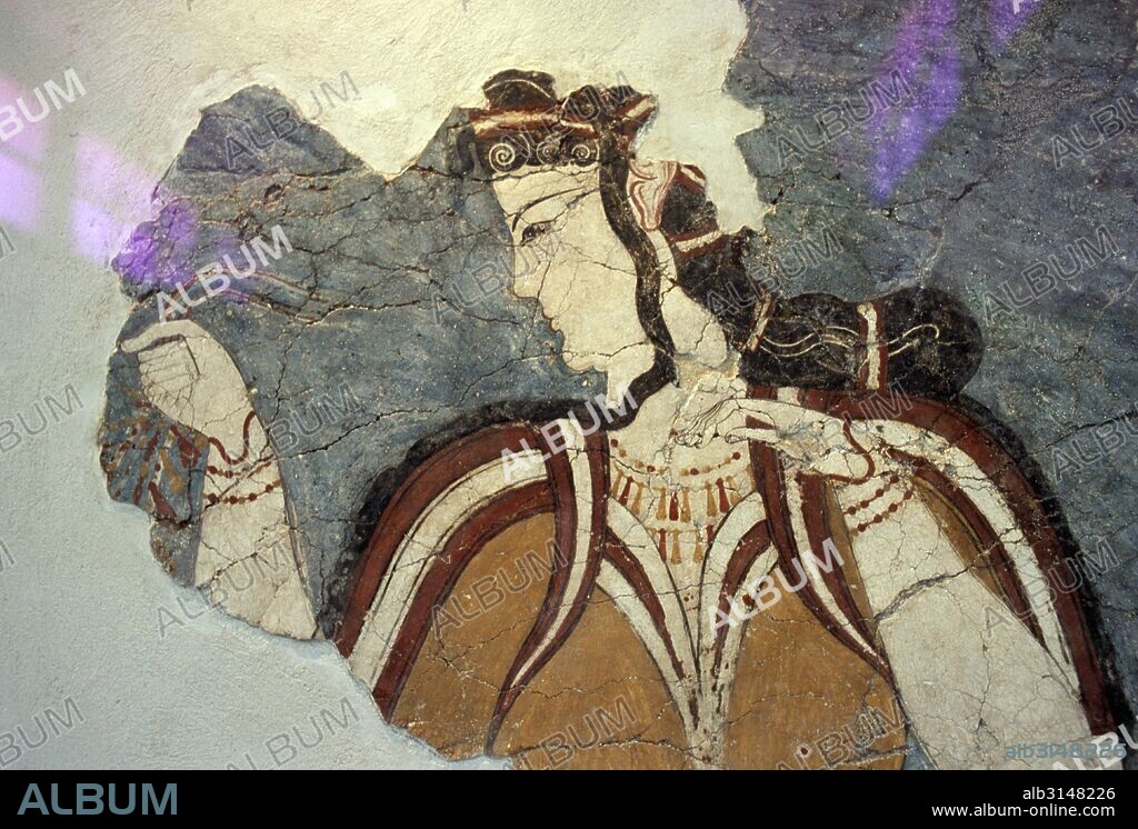 Fresco fragment with female figure, from Mycenae, Greece. Mycenaean civilisation, 16th century BC.